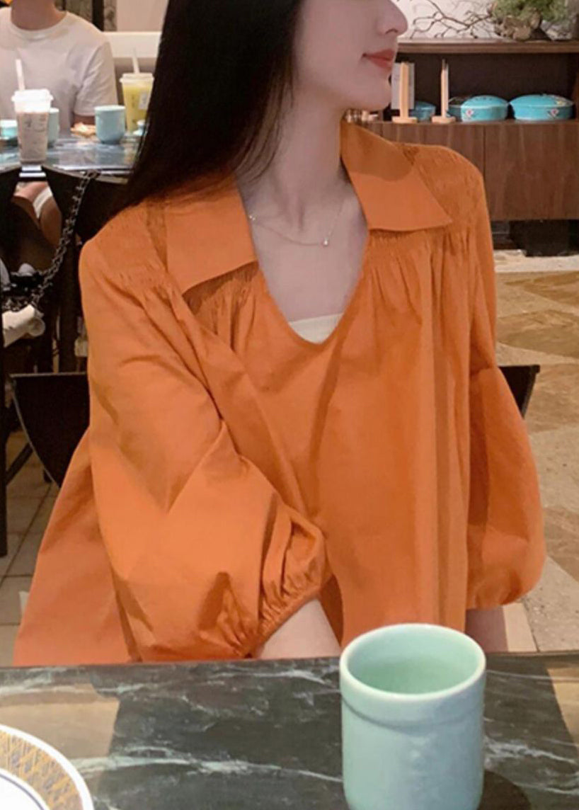 Women Peter Wrinkled Dresses Shirts Orange Cotton Pan Collar FashionChic