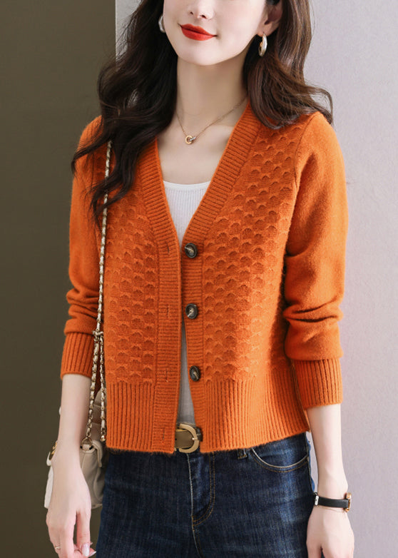 Women Orange V Neck Button Wool Knit Cardigan Winter ER021 ABC