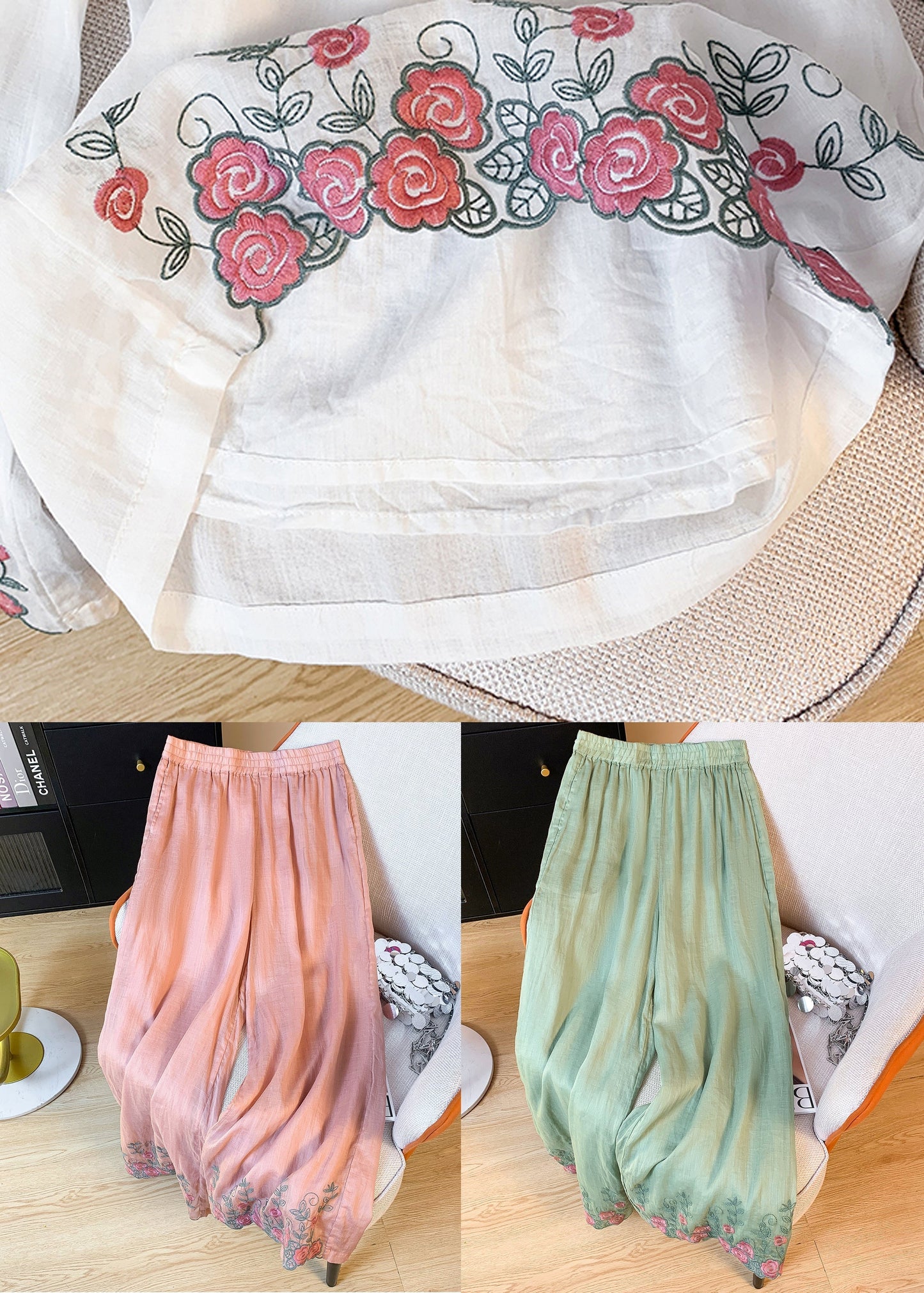 Summer Leg Embroidered Linen Waist Women Wide Pink Pants Elastic FashionChic