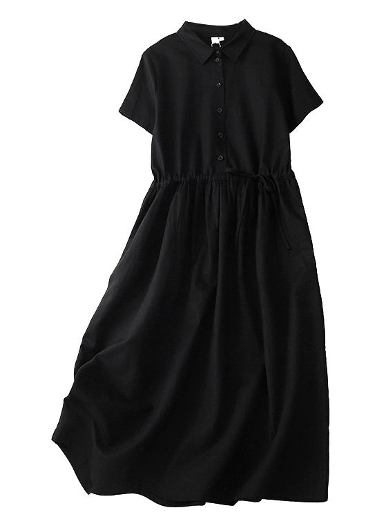 Women Pink Peter Pan Collar Drawstring Cotton Long Dress Summer AM1062 Genistyle Shop