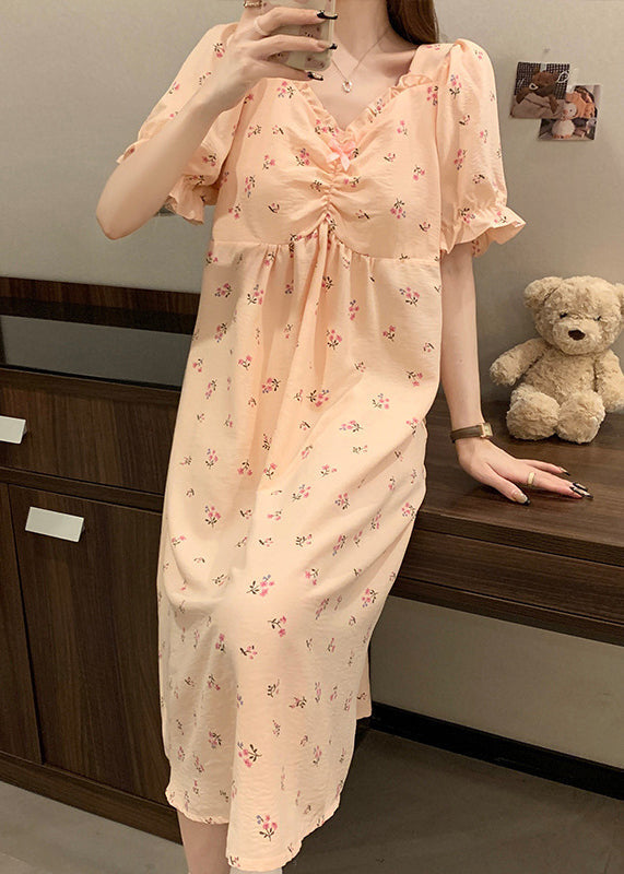 Women Pink V Neck Wrinkled Print Cotton Pajamas Long Dress Summer YK019 ABC