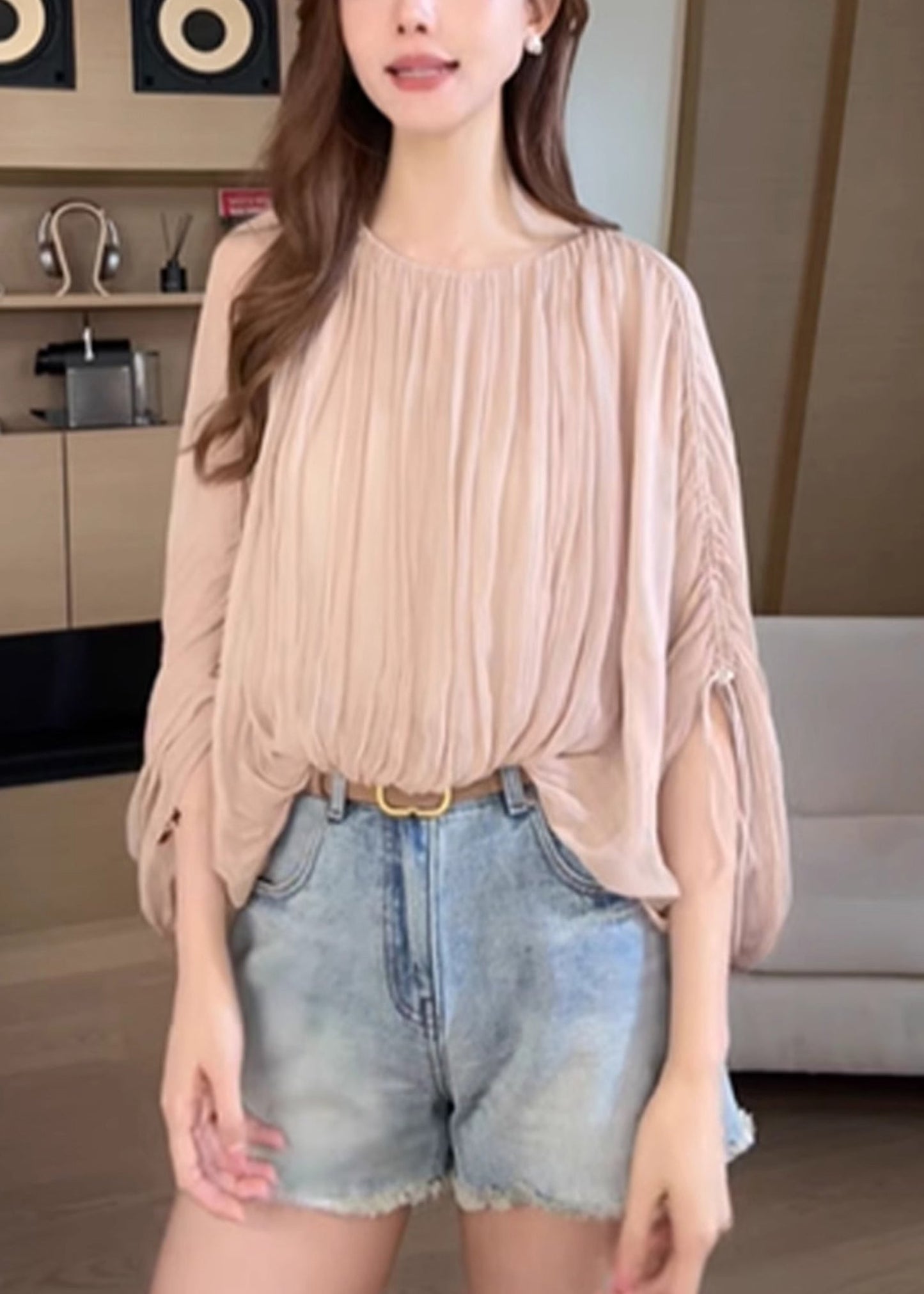 Pink Shirts Women Wrinkled Sleeve Up Lace Batwing FashionChic