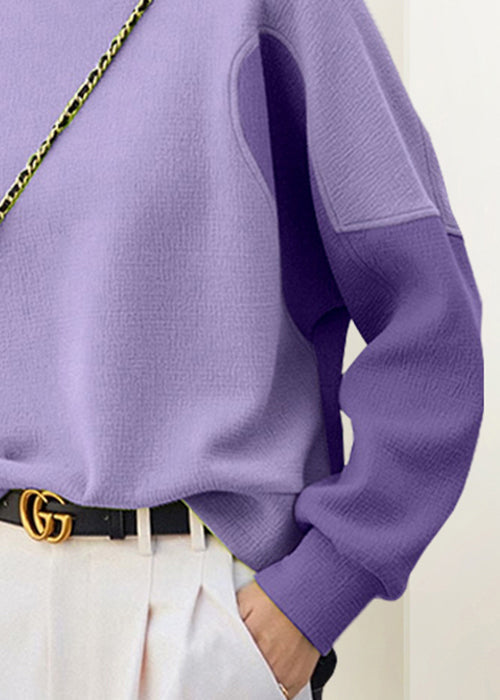 Women Purple O Neck Patchwork Cotton Sweatshirt Fall WX012 ABC