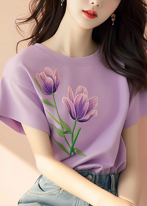 Women Purple O Neck Print Cotton T Shirt Short Sleeve KJ001 ZS-STP240715