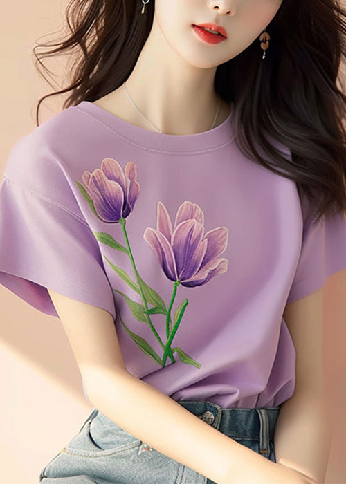 Women Purple O Neck Print Cotton T Shirt Short Sleeve KJ001 ZS-STP240715