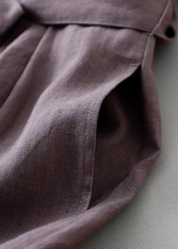 Women Purple O Neck Tie Waist Pockets Linen Long Dress Summer FF044 MZF-SDL240607