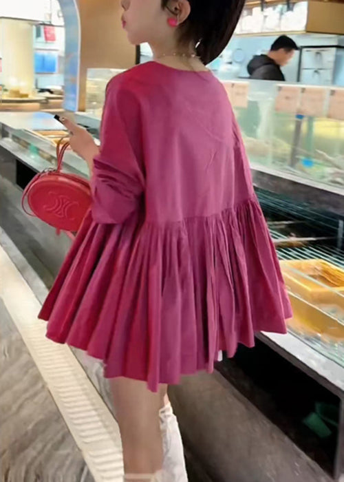 Women Rose O Neck Fall Solid Shirts Wrinkled Cotton FashionChic