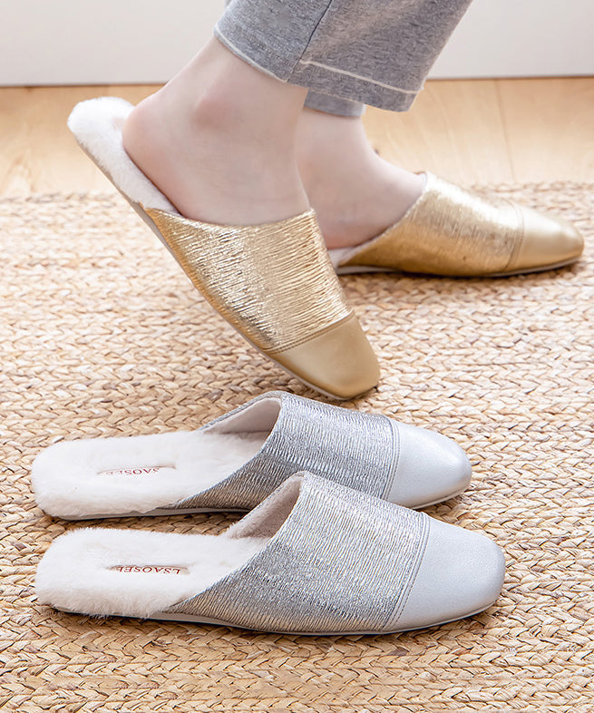 Women Silver Slippers Shoes Splicing Fuzzy Wool Lined RX021 ABC