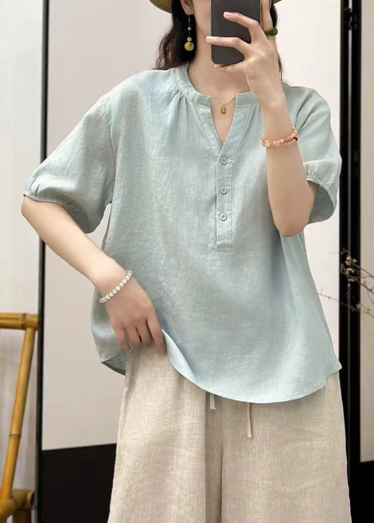 Women Loose Linen Shirt Button Solid Blue Sky FashionChic