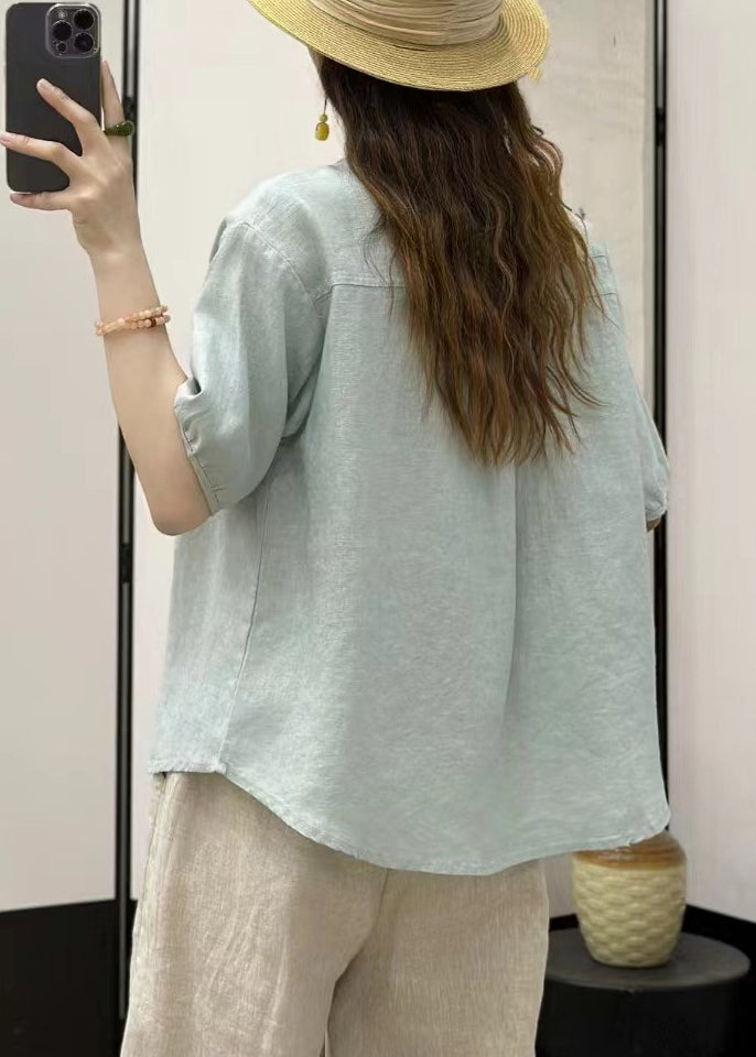 Women Loose Linen Shirt Button Solid Blue Sky FashionChic
