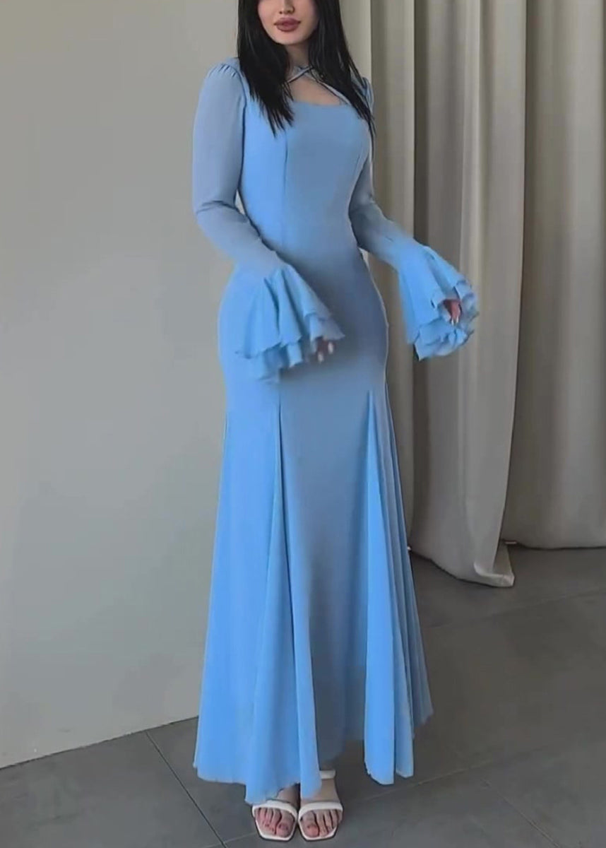 Women Slim Fit Blue U Neck Chiffon Maxi Dresses Butterfly Sleeve QL038 OM-ZS241023