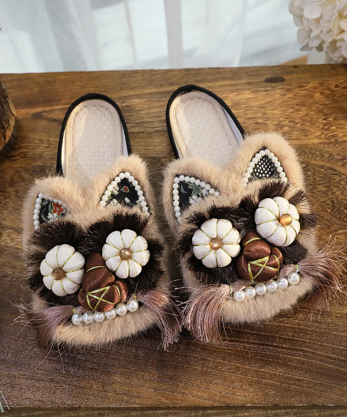 Women Splicing Slippers Shoes Coffee Embroidery Tassel TQ046 ABC