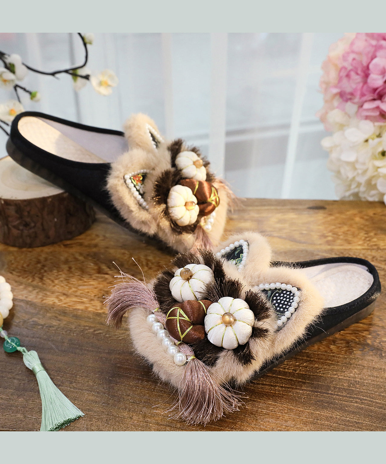 Women Splicing Slippers Shoes Coffee Embroidery Tassel TQ046 ABC