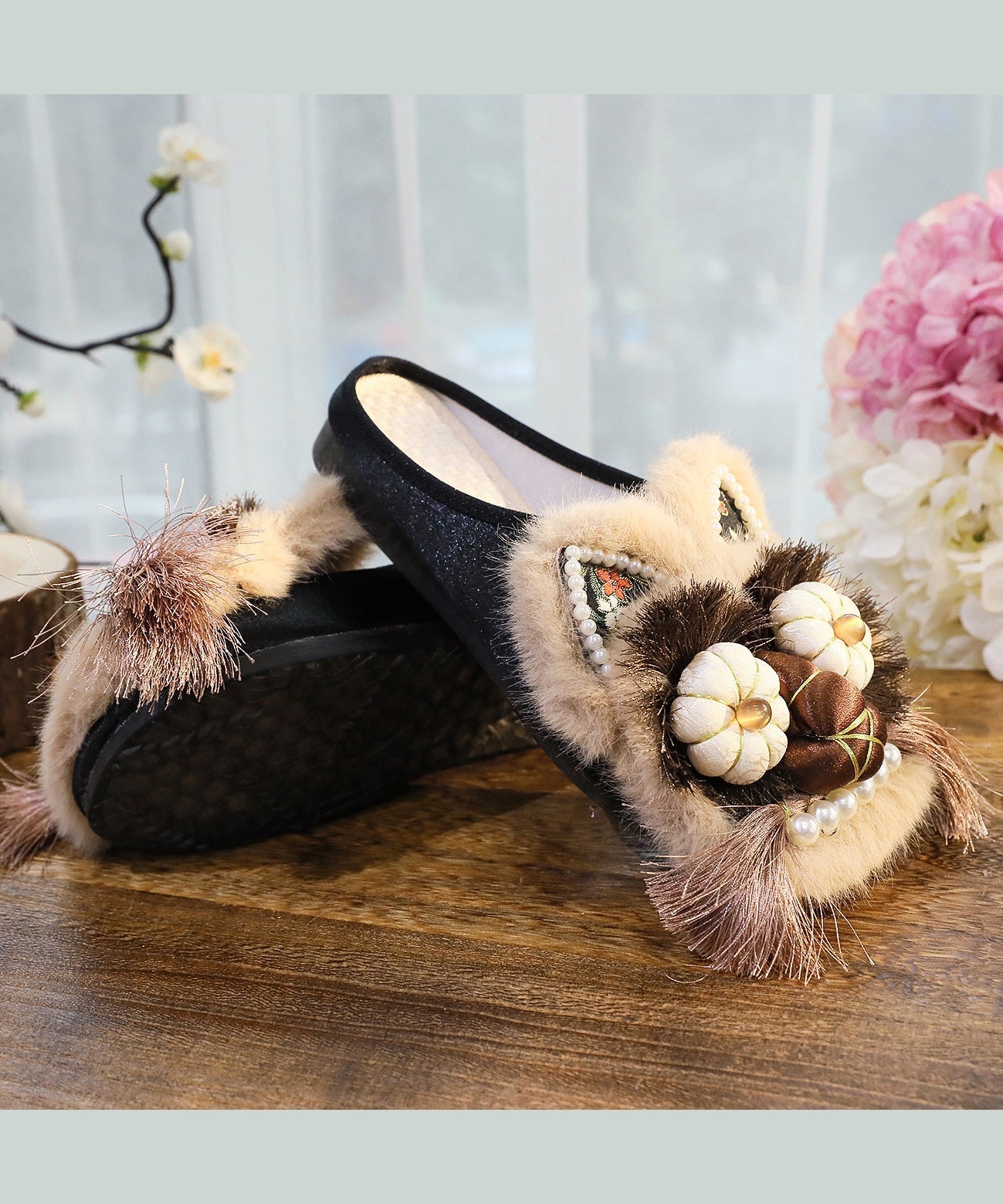 Women Splicing Slippers Shoes Coffee Embroidery Tassel TQ046 ABC
