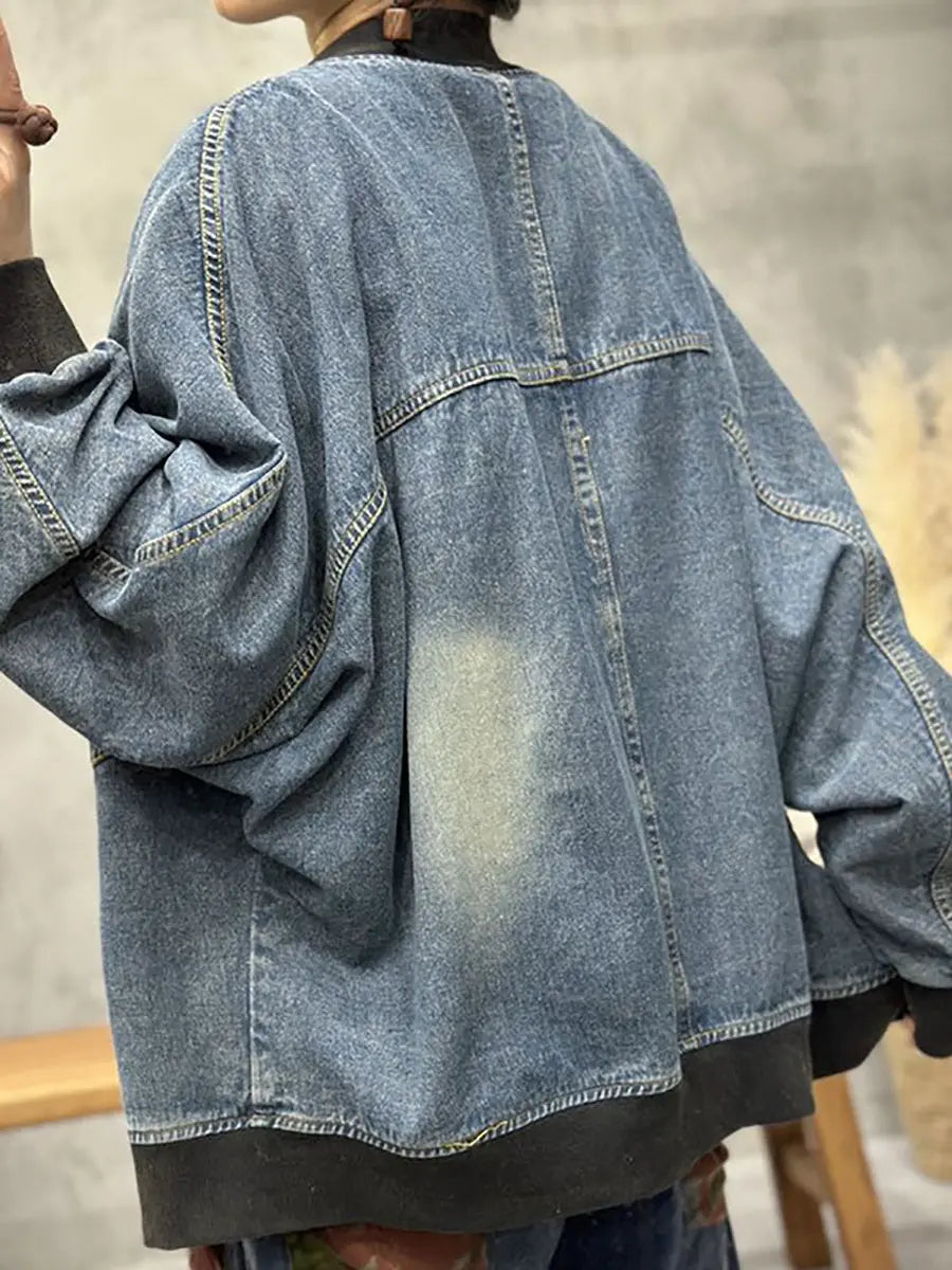 Women Spring Vintage Patchwork Washed Denim Coat Ada Fashion