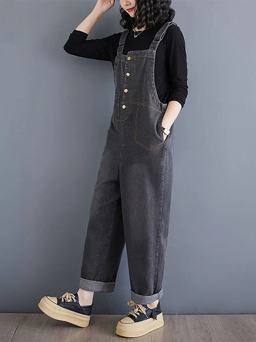 Women Spring Vintage Solid Asymmetrical Denim Jumpsuits Ada Fashion
