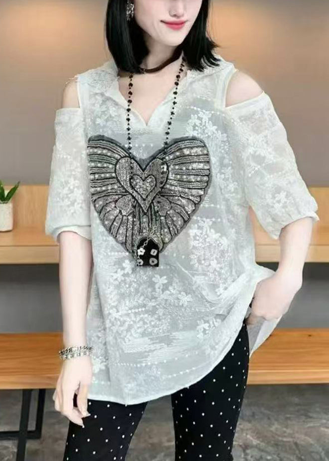 Summer White Hoodie Jacquard Shoulder Cold Cotton Women Tops FashionChic
