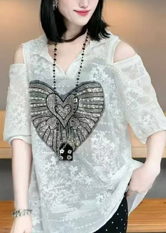 Summer White Hoodie Jacquard Shoulder Cold Cotton Women Tops FashionChic