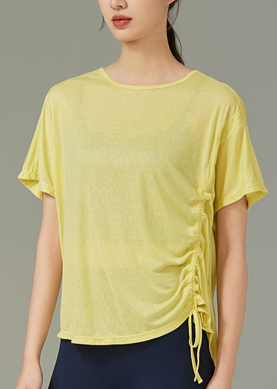 Yoga Drawstring Top White Solid Women Sleeve Short FashionChic