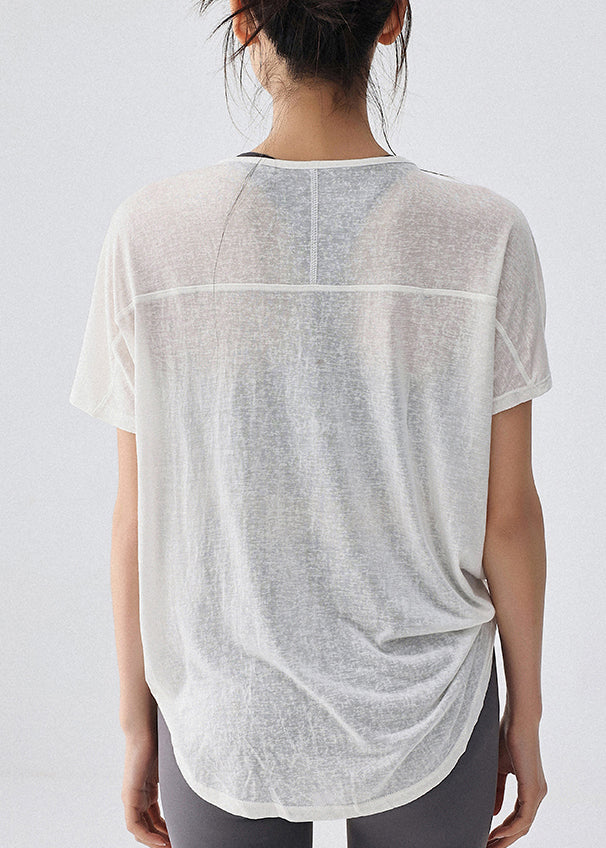 Yoga Drawstring Top White Solid Women Sleeve Short FashionChic