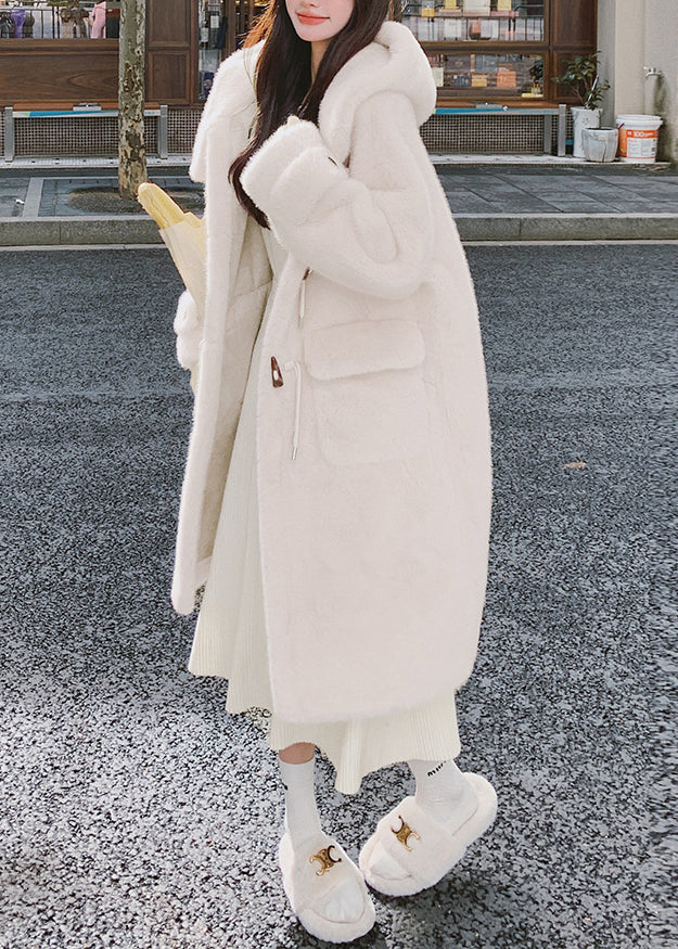 Women White Hooded Pockets Mink Velvet Coats Spring YW039 ABC