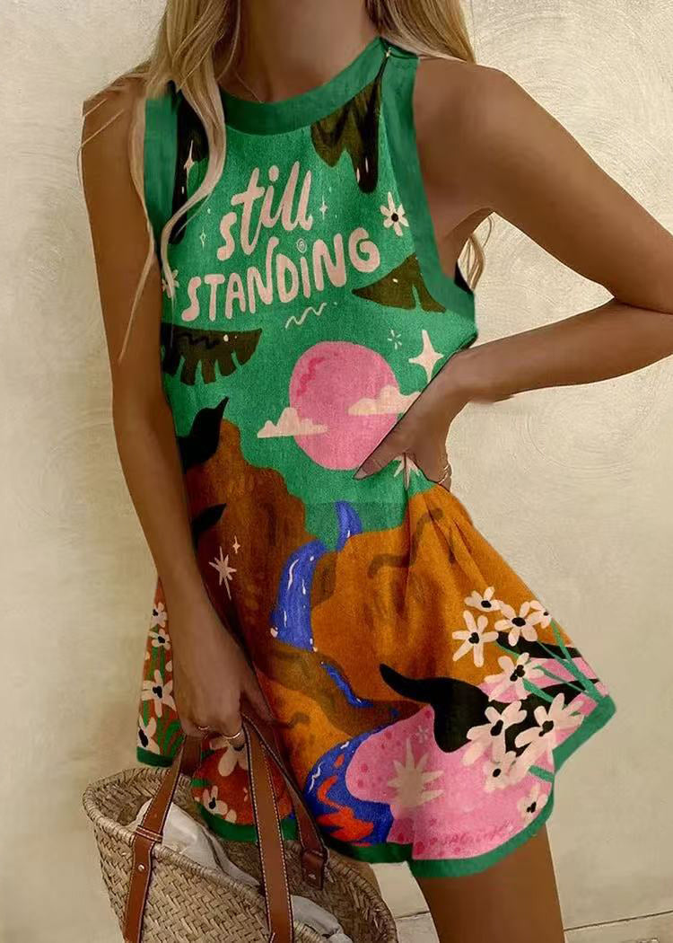 Women Sleeveless Patchwork White Neck Print Cotton Dresses O Mini FashionChic