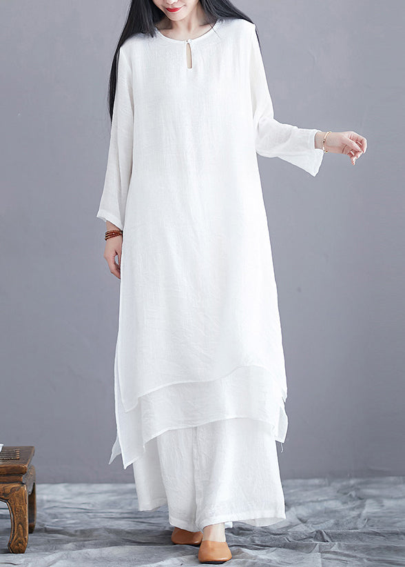 Women White O Neck Side Open Cotton Two Pieces Set Long Sleeve OP1015 Ada Fashion