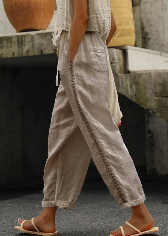 Women White Pockets Elastic Waist Cotton Crop Pants Summer FF063 MZF-CPTS240607