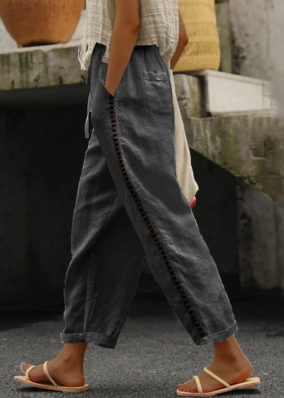 Women White Pockets Elastic Waist Cotton Crop Pants Summer FF063 MZF-CPTS240607