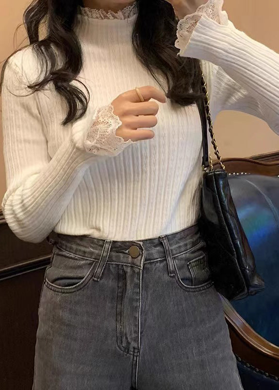 Women White Solid Lace Patchwork Knit Sweaters Fall QI017 OM-BB241005