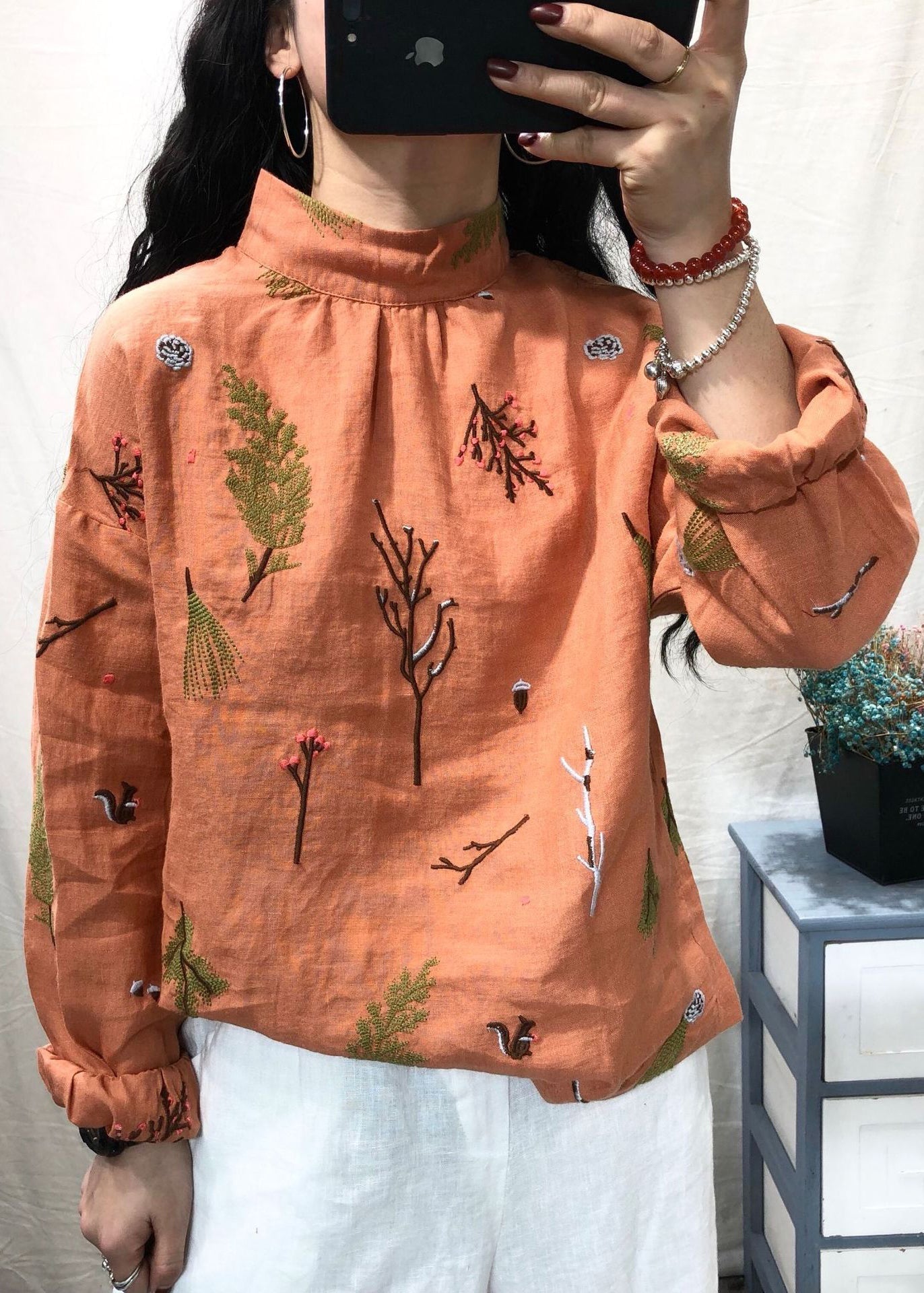 Women White Stand Collar Embroidered Linen Blouses Long Sleeve GH1036 Ada Fashion