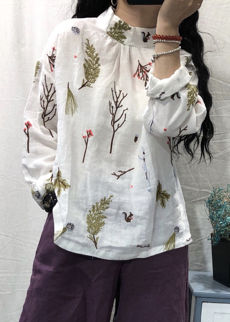 Women White Stand Collar Embroidered Linen Blouses Long Sleeve GH1036 Ada Fashion