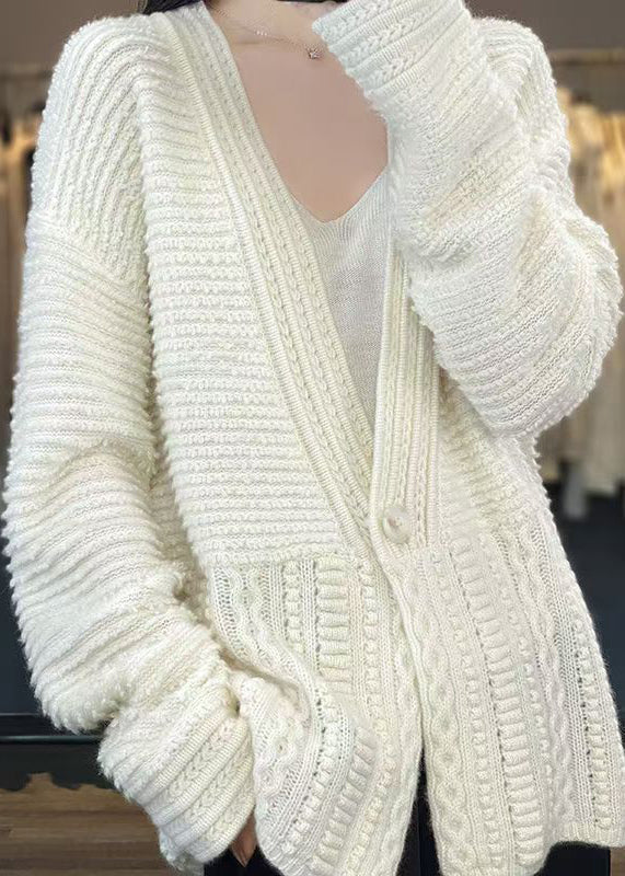 Women White V Neck Button Woolen Cable Knit Coats Spring YW021 ABC