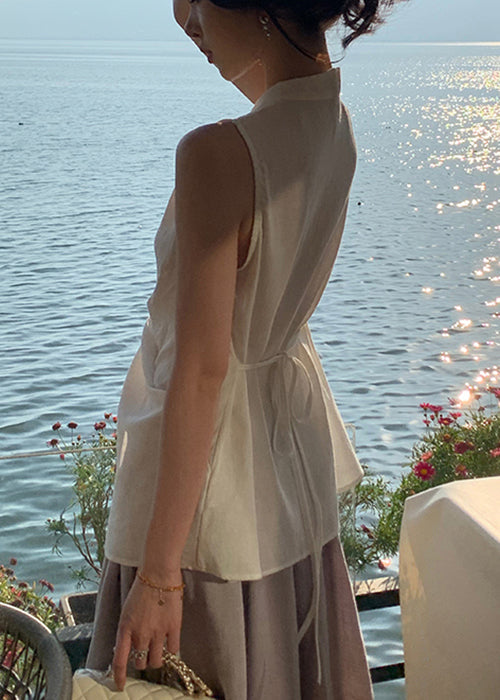 Blouses Neck Open V White Cotton Sleeveless Women Front FashionChic