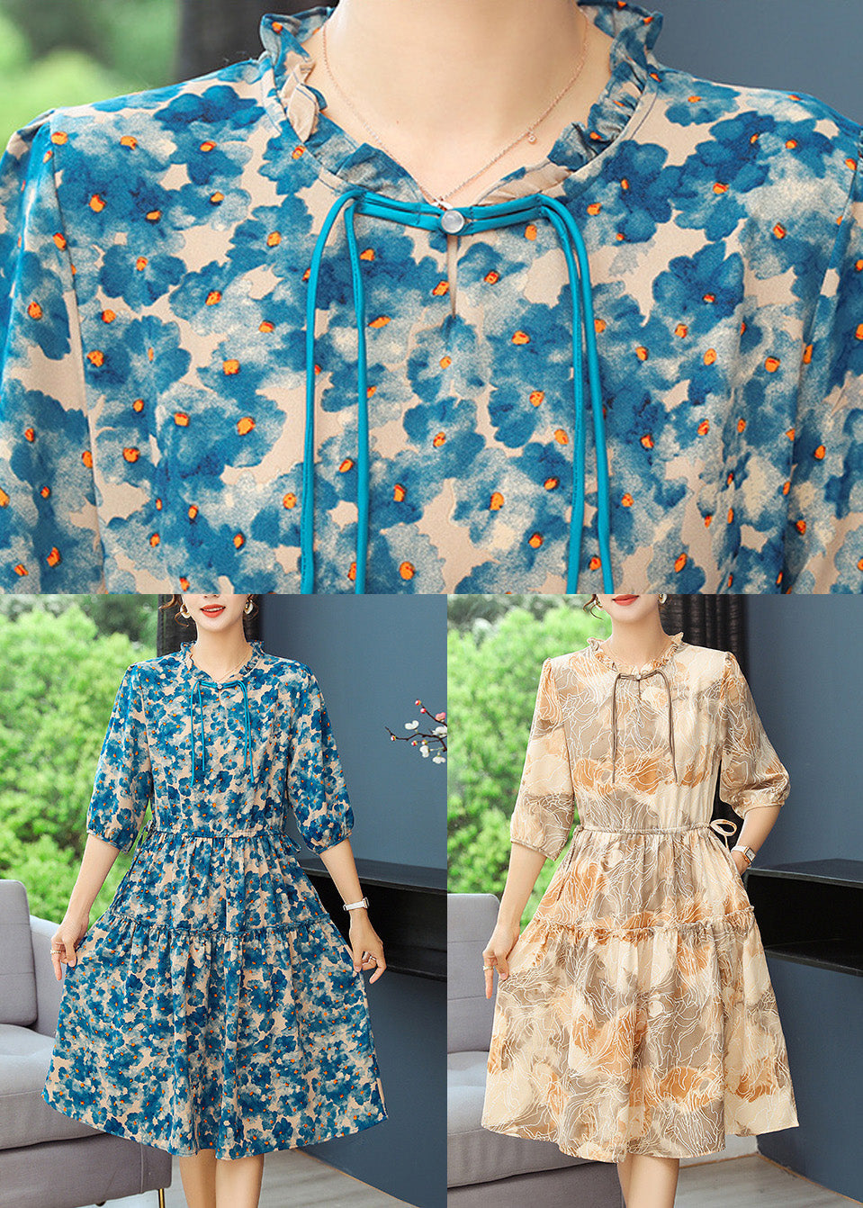 Women Robe Print Summer Dresses Yellow Cinched FashionChic