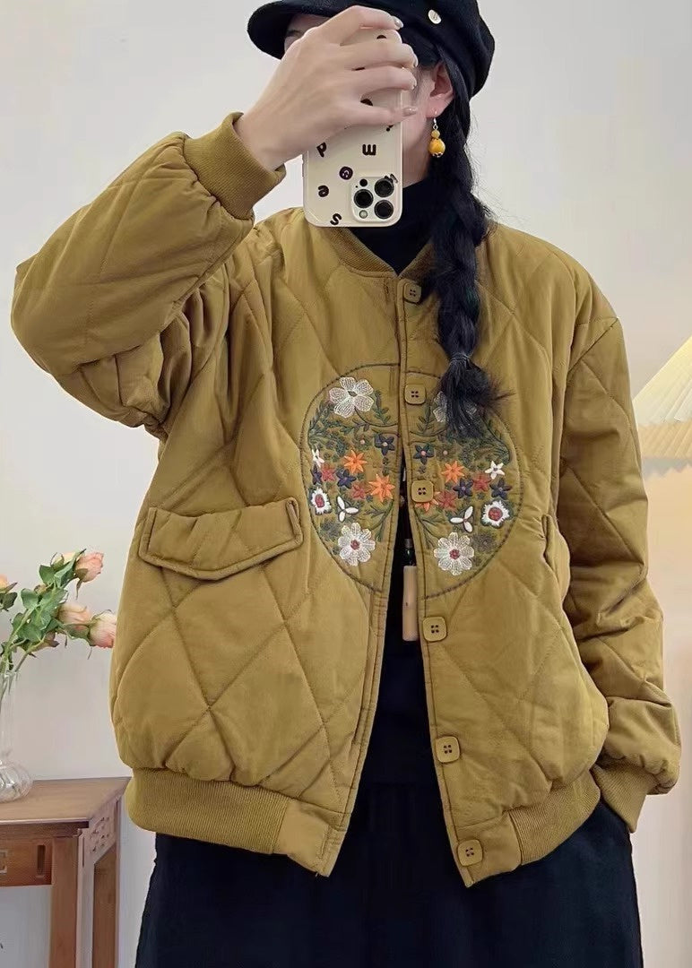 Women Yellow Embroidered Pockets Fine Cotton Filled Coats Spring TN013 ABC