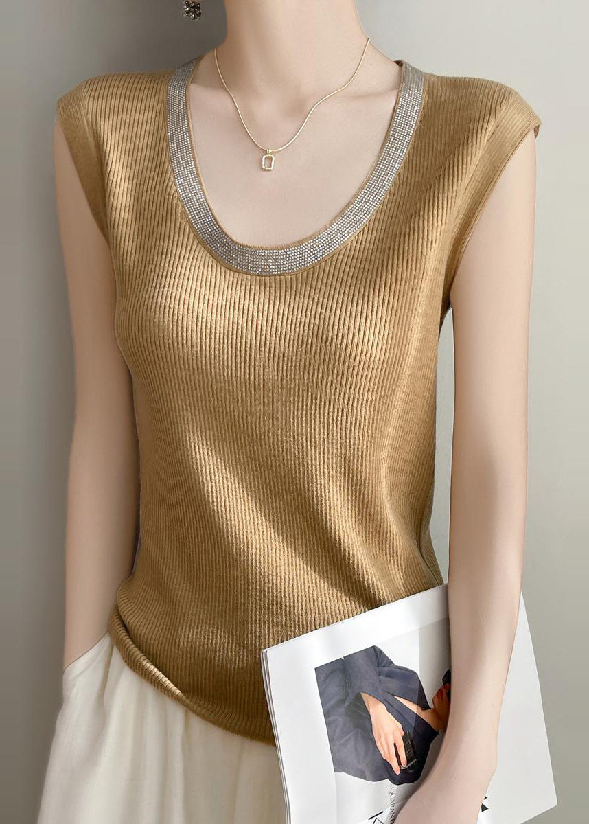 Yellow Summer U Patchwork Tank Knit Women Neck FashionChic