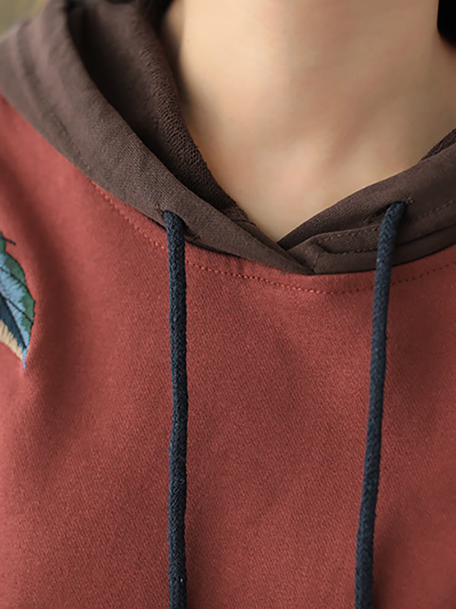 Plus Size Women Autumn Leaf Hooded Colorblock 100%Cotton Sweatshirt WG023 BK