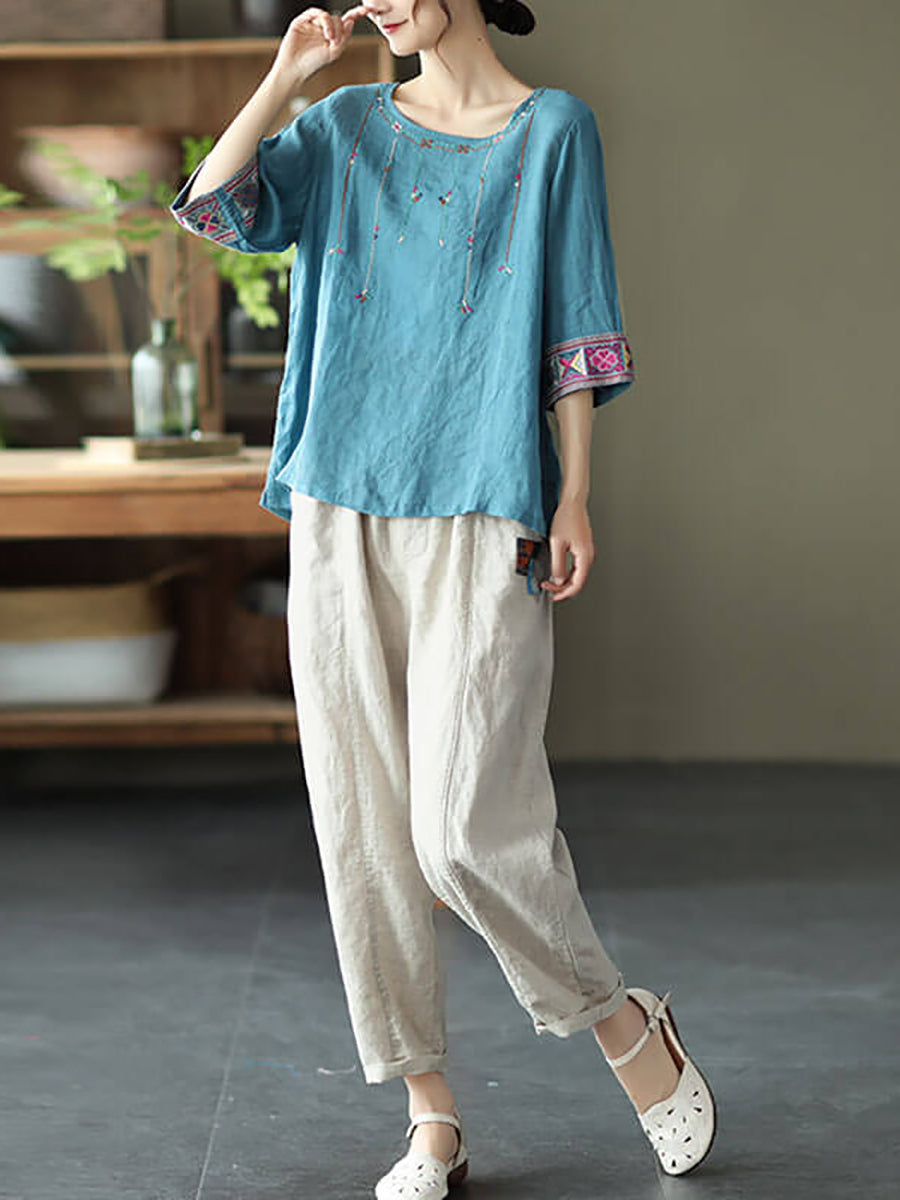Plus Size Women Linen Vintage Embroidered T-shirt QW1029 Ada Fashion