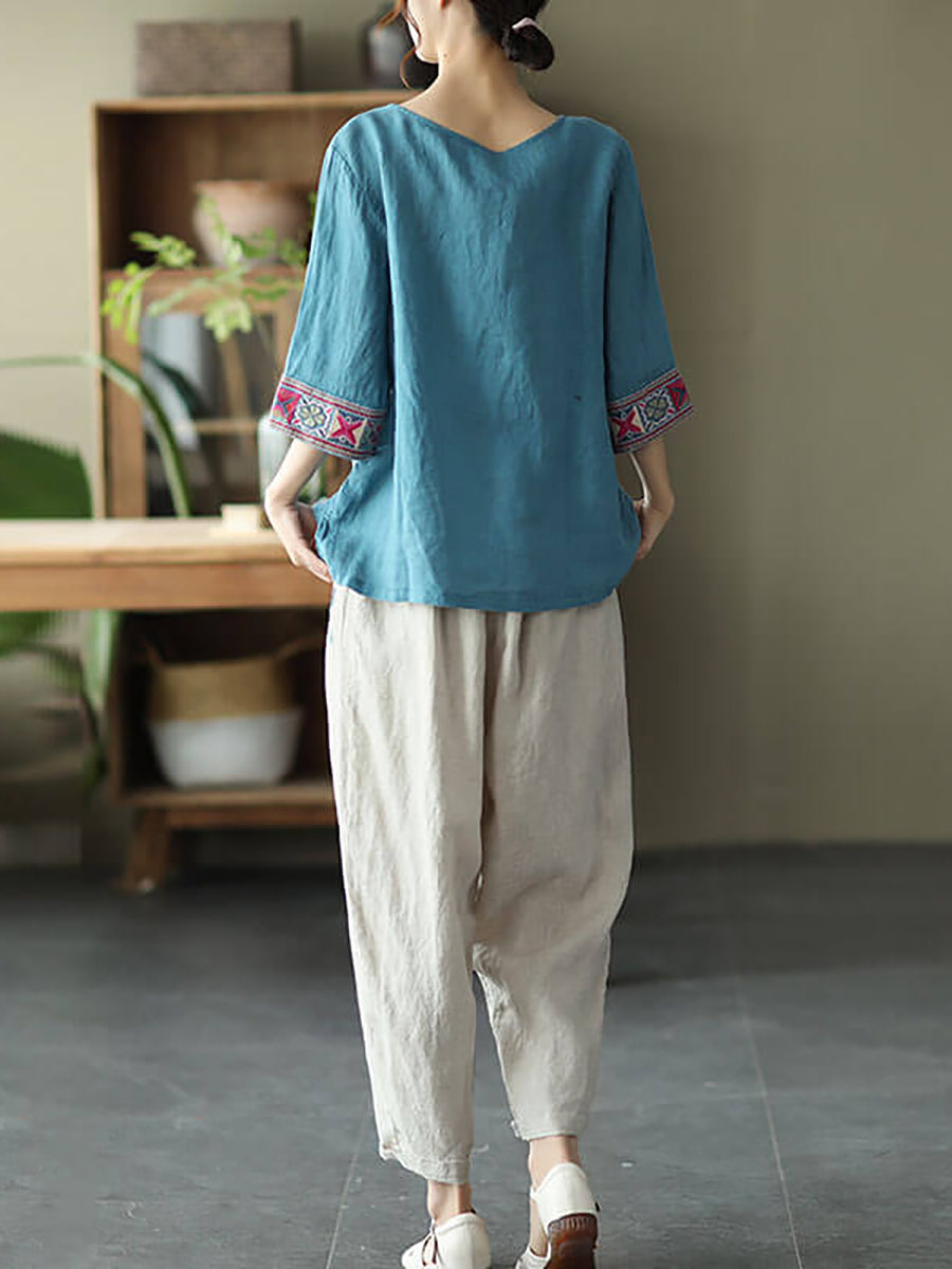 Plus Size Women Linen Vintage Embroidered T-shirt QW1029 Ada Fashion