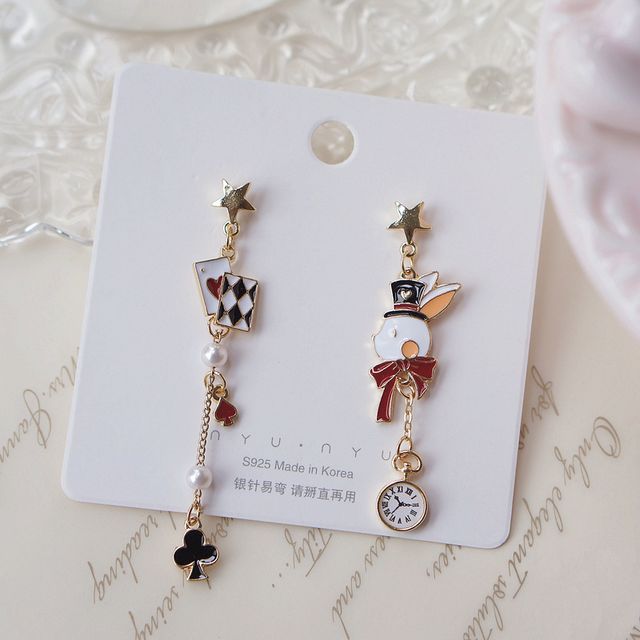 Asymmetrical Rabbit On Poker Enamel Drop Earring Clip / FashionChic