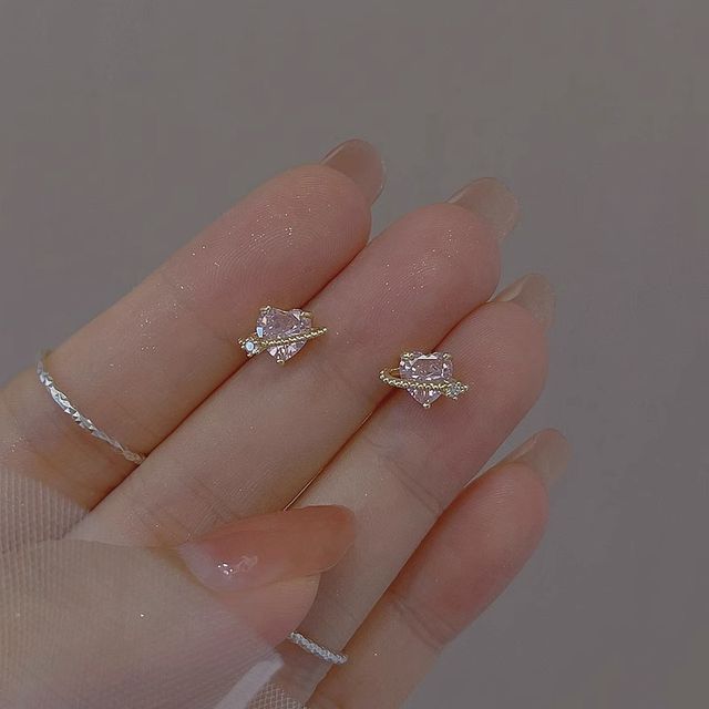 Earring Silver Planet Sterling Heart Rhinestone Stud FashionChic