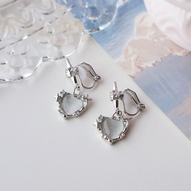 Heart Rhinestone Earring Clip / On Drop FashionChic