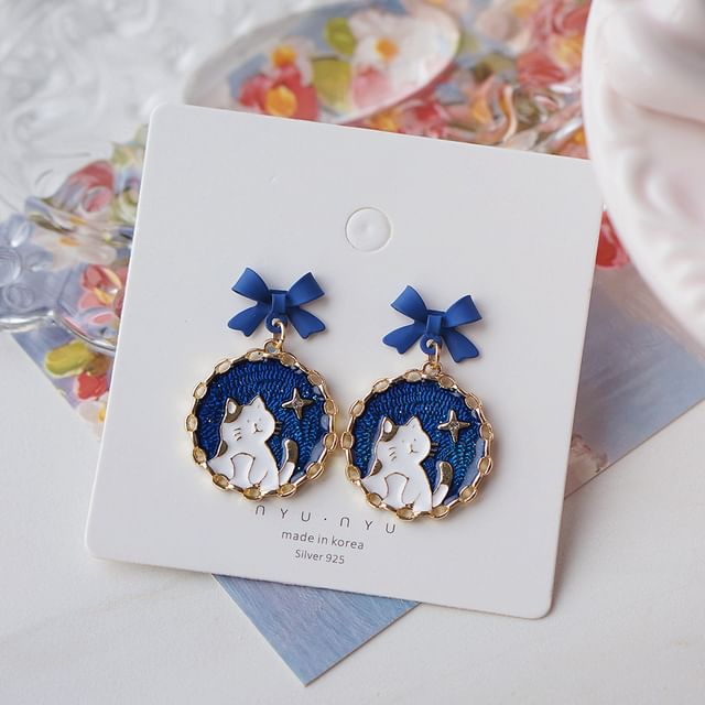 Bow Earring / Cat Enamel On Drop Clip FashionChic