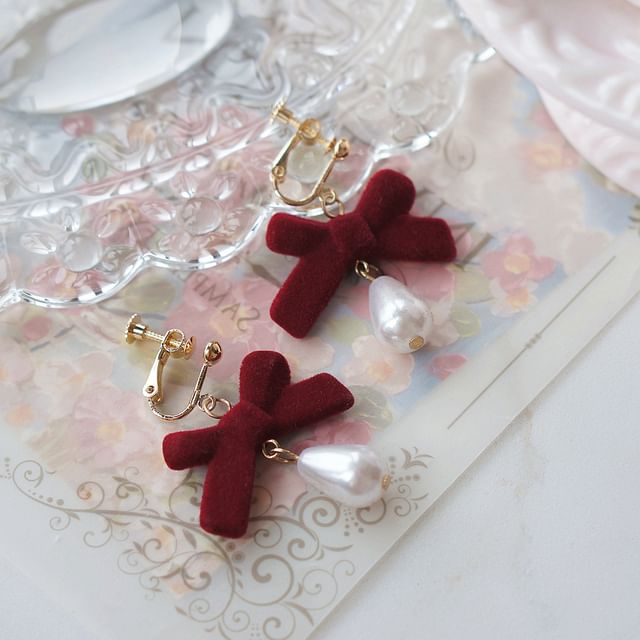 Hook Bow Drop Clip-On Earring Faux / Pearl FashionChic