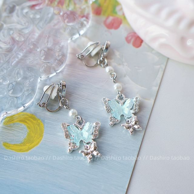 On Clip Earring Rhinestone / Butterfly Drop FashionChic
