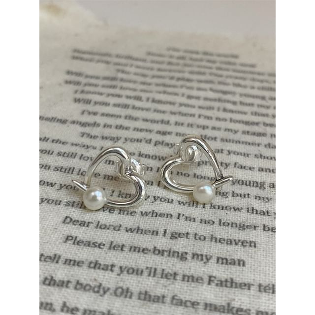 Pearl Heart Stud 925 Sterling Faux Silver Earring FashionChic