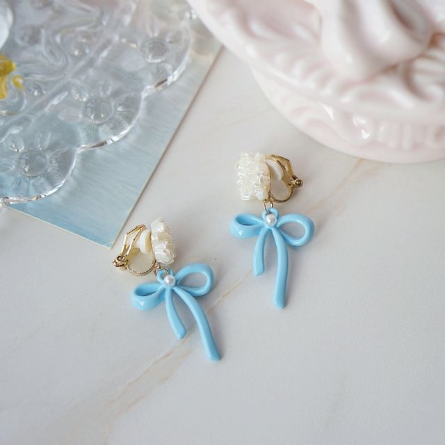 Silver Earring Drop Clip-On 925 / Flower Bow Sterling FashionChic