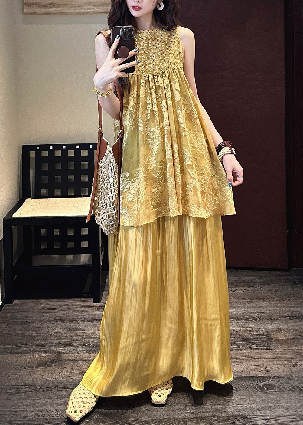 O Two Neck Silk Summer Patchwork Dress Yellow Pieces False FashionChic
