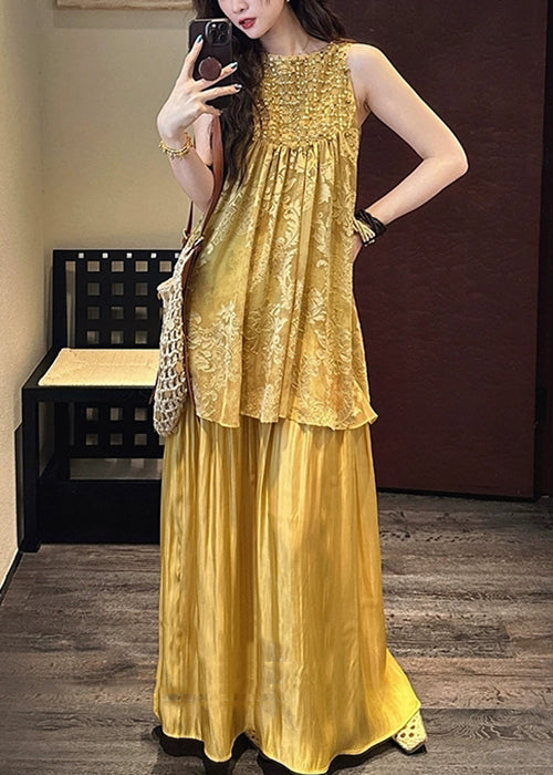 O Two Neck Silk Summer Patchwork Dress Yellow Pieces False FashionChic